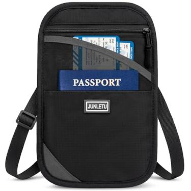 Imagem de BKNOOU Porta-passaporte para viagem, bolsa de pescoço com bloqueio RFID, carteira leve para passaporte com alça, organizador de documentos de viagem antifurto, bolsa de viagem para mulheres e homens