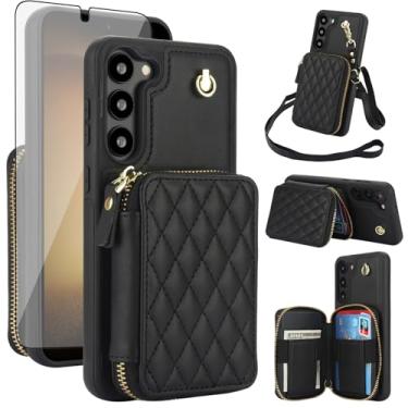 Imagem de Capa de celular para Samsung Galaxy S23 5G carteira celular com protetor de tela de vidro temperado alça transversal de pulso bloqueio RFID suporte de cartão de crédito S 23 23S GS23 G5 SM-S911U 6,1