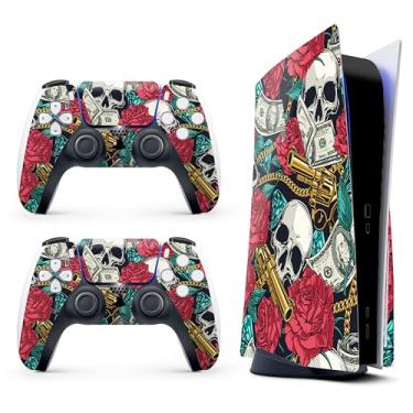 Imagem de Skin Sticker for Game Console 5 Cover - Rose Skull, compatível com edição de disco e edição digital (não Slim Ver) - 2 capas de controle e capa de console - sem bolhas, proteção total, removível