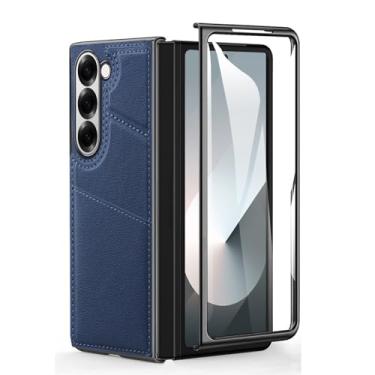Imagem de HAO RIYLN Capa carteira para Samsung Galaxy Z Fold6, capa de telefone de couro retrô com compartimentos para cartões, suporte oculto, capa galvanizada à prova de choque, azul, Z FOLD6