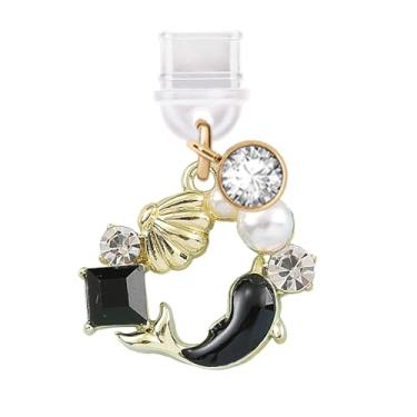 Imagem de ELISE & FONDA TP759 Tipo-C porta de carregamento antipoeira plugue cristal golfinho e concha pingente de telefone celular para iPhone 15/16/Samsung/OnePlus/Xiaomi/oppo telefones Android (preto)