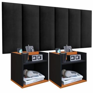 Imagem de Conjunto Cabeceira Casal 140cm com Kit de Mesa de Cabeceira Suspenso com Porta Celular Madri (Cabeceira Preto-Kit Preto/freijo)