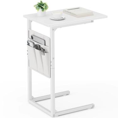 Imagem de Vagusicc Mesa de canto em forma de C, mesa lateral pequena para sofá, mesa lateral de sofá, mesa C para sofá, bandeja de TV deslizante sob sofá, mesa de bebida com moldura de metal para sala de estar