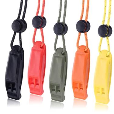 Imagem de Pacote com 5 apitos de emergência, apito de segurança de caiaque alto estridente com cordão refletivo para escalada ao ar livre, caminhadas, acampamento, pesca, barco, colete salva-vidas