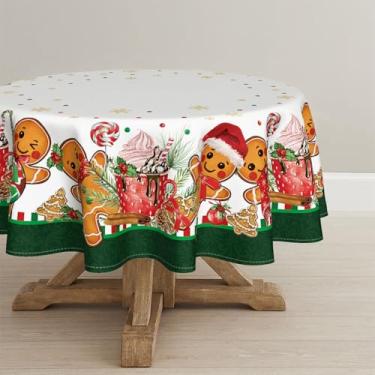 Imagem de Horaldaily Toalha de mesa de Natal redonda de 152 cm x 152 cm, boneco de gengibre verde, enfeite de bola de urso de Natal, lavável para decoração de festa, piquenique, jantar