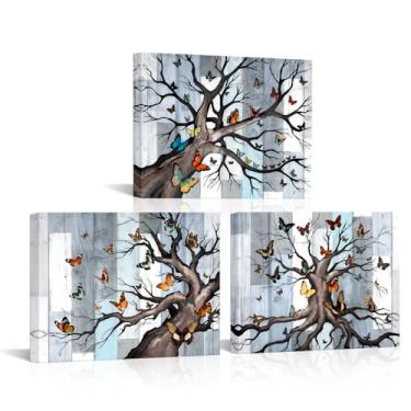 Imagem de RyounoArt Tela de arte de parede de borboleta, 3 peças, imagens de árvore da vida, pinturas borboletas, banheiro, quarto, decoração de parede, conjunto com moldura cinza e azul, 41 x 30 cm