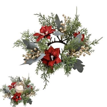 Imagem de Anéis de vela de Natal, guirlanda artificial de Natal, poinsétia de baga dourada, guirlandas para festa de Natal, mesa de casa, centro de mesa, decoração de parede de janela (verde)