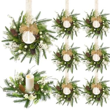 Imagem de 8 grinaldas de inverno pequenas para porta da frente, mini guirlandas de inverno de 23 cm para armários de cozinha, guirlanda artificial de pinheiro norfolk com frutas brancas e pinhas para decoração
