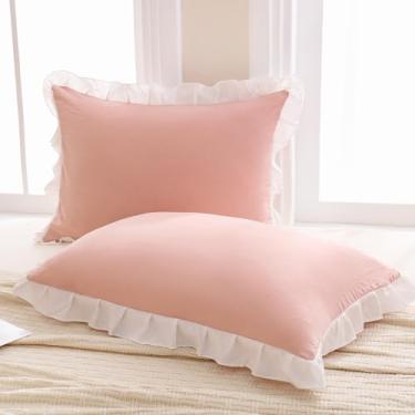 Imagem de Merryword Capas de travesseiro rosa padrão 51 x 66 cm rosa e branco reversível bonito conjunto de 2 fronhas macias chiques com babados