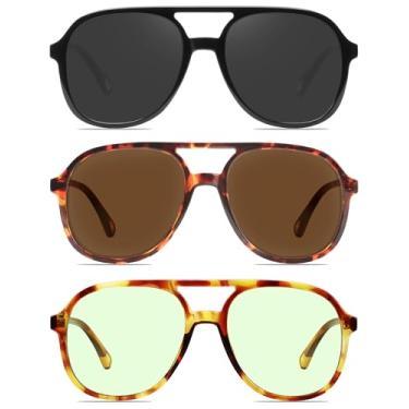 Imagem de YDAOWKN Óculos de sol aviador quadrados retrô para mulheres, masculinos, vintage, ponte dupla dos anos 70, 3 preto/cinza + tartaruga/marrom / tartaruga / verde, 3 Pack