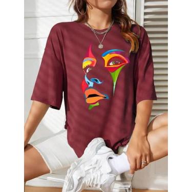 Imagem de Camiseta Feminina Confortável E Respirável Com Estampa De Rosto De Sen