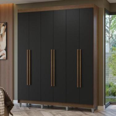 Imagem de Guarda-roupa Casal Com Pés 6 Portas Batentes Rustic-preto-rustic Netun