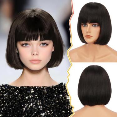 Imagem de Peruca BARSDAR Short Brown Bob com franja para mulheres de 30 cm