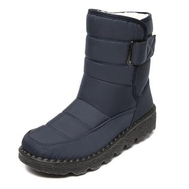 Imagem de Botas de neve femininas de tecido impermeável com gancho e laço, confortável, bico redondo, forro de pelúcia, sem cadarço, botas de inverno impermeáveis para atividades ao ar livre, montanhismo, lazer