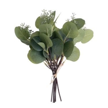 Imagem de 6 peças de hastes artificiais de eucalipto para arranjos, cachos de eucalipto prata falsos de toque real para enchimento de vasos, centros de mesa de casamento de eucalipto, decoração de outono para