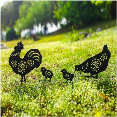 Imagem de EZTZEN Estacas de jardim de metal de galinha decorativas, presentes de frango para mulheres/homens/presentes para amantes de frango, estátuas de silhueta de frango preto, decoração de jardim para