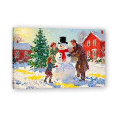 Imagem de Cachecol vermelho e chapéu preto Impressão em tela de Natal impressionista, paisagem de neve de inverno, arte de parede festiva emoldurada 20 x 30 cm