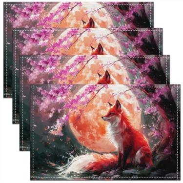 Imagem de Tapete de mesa de raposa selvagem, rosa, flor de cerejeira, lua, noite, para meninas, meninos, mulheres, crianças, jogo americano japonês, vermelho, animal, romântico, decoração de mesa de jantar, 30