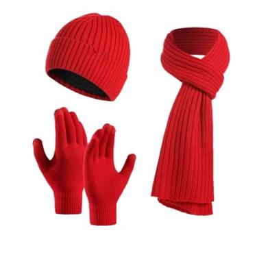 Imagem de Gorro masculino de malha quente de inverno para homens, luvas de tela sensível ao toque, para mulheres, cachecol térmico, capa de pescoço grande, vermelho