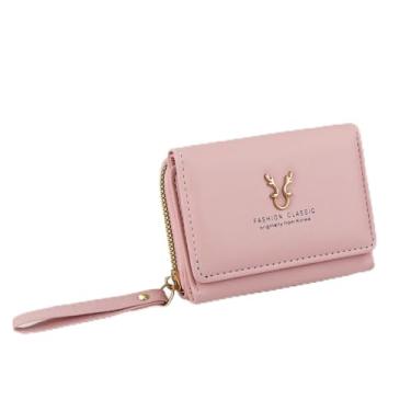 Imagem de Carteira feminina de poliuretano Deer Antler, porta-cartões com zíper triplo com 6 compartimentos para cartão e 2 compartimentos, bolsa compacta pequena e fofa para uso diário, compras, rosa