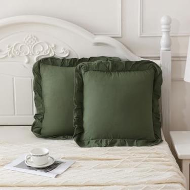 Imagem de Merryword Fronhas verde-oliva 45,7 x 45,7 cm, pacote com 2 fronhas com babados para sofá, quarto
