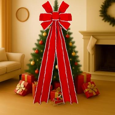 Imagem de Hungdao Arcos de veludo de Natal extragrandes de 59,9 cm x 180 cm, enfeite de árvore de Natal, enfeite de arco de guirlanda gigante com borda branca para decoração de festa de Natal (vermelho)