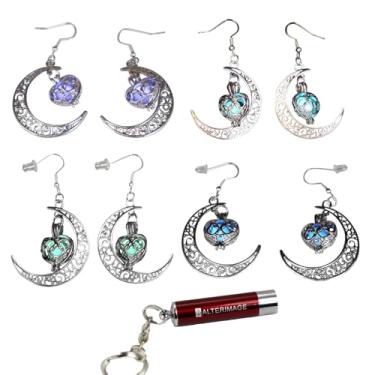 Imagem de AlterImage Conjunto de brincos encantadores de lua crescente que brilham no escuro, 4 joias luminosas, roxo, verde, azul e azul celeste, inclui luz UV, 50mm, Zinco, Sem pedra preciosa