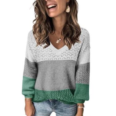 Imagem de Suéter FEKOAFE listrado com decote em V colorido para mulheres plus si