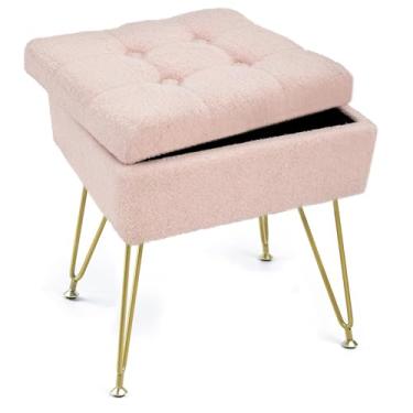 Imagem de xupersodys Cadeira Vanity com armazenamento, 39,9 cm C x 30 cm L x 45 cm A, banco de pelúcia de veludo com mesa de centro e pernas de metal, banco de maquiagem multifuncional para penteadeira, quarto