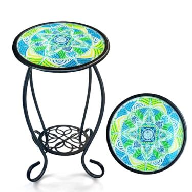 Imagem de HONGLAND Mesa lateral mosaico para ambientes externos, mesa lateral redonda de 35,5 cm, suporte de plantas de mosaico, mesa de canto com prateleira de armazenamento, mesa de centro pequena para jardim, pátio, varanda, sala de estar (verde)