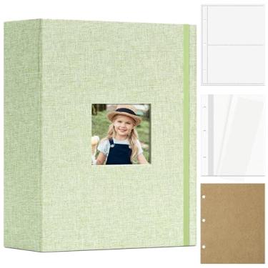 Imagem de Vienrose Álbum De Fotos 4X6 Com 40 Bolsos, Recortes Em Linho, Pasta 3 Argolas 20 Páginas Para Escrever E 10 Adesivos Autoadesivos Viagem, Família Casamento (Verde-Grama)