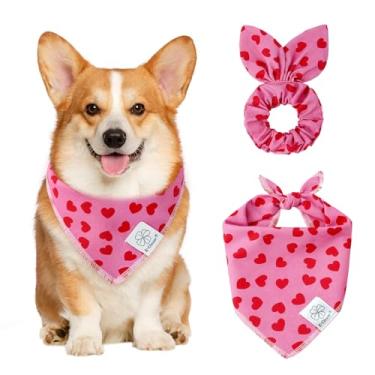 Imagem de E-Clover Conjunto de bandanas e scrunchie combinando com coração de Dia dos Namorados, babadores, bandana para animais de estimação com gravata borboleta para cães pequenos, dono de cachorro, mãe