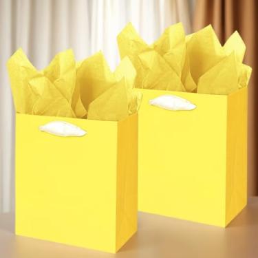 Imagem de 2 sacos de presente amarelos de 23 cm com alça e papel de seda para festa de aniversário, chá de bebê, casamento, presente de feriado