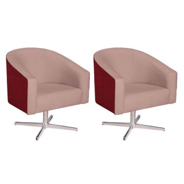 Imagem de Kit 02 Poltronas Luiza Base Giratória De Metal Factor Vermelho E Linho - Adj Decor Cor Rosê