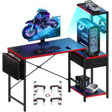 Imagem de Bestier Mesa de computador com prateleiras, mesa de jogos pequena com luzes LED, mesa de escritório em casa para espaços pequenos, mesa de canto gamer com gaveta para quarto com bolsa de armazenamento