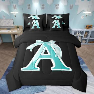 Imagem de jejeloiu Conjunto de edredom completo com laço azul Kawaii, para mulheres, adolescentes, 7 peças, letra A, leve, com monograma, arte moderna, decoração de quarto