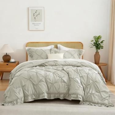 Imagem de REYOS Conjunto de edredom queen com 2 camadas de 2 camadas de 2 fronhas de microfibra, 3 peças, para cama, simples, com babados, conjunto de edredom com babados, cinza claro