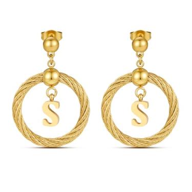Imagem de Xiacheng Brincos de argola de ouro 18 quilates com inicial de aço inoxidável, hipoalergênicos, presentes modernos para mulheres, declaração delicada, pingente de letra A-Z, joia à prova d'água, Medium