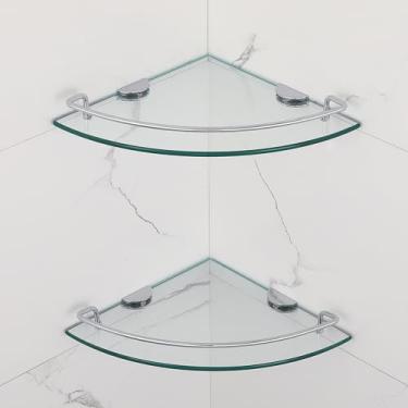 Imagem de Prateleira de canto de vidro para banheiro com trilho de aço inoxidável SUS 304, prateleira de canto montada na parede, prateleira de vidro temperado com suportes de liga de zinco, organizador de