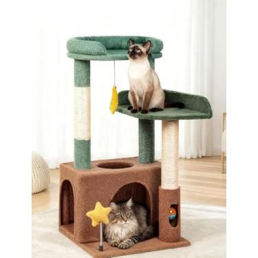 Imagem de Torre de gato fofa de 81 cm para gatos em ambientes internos com condomínio para gatos, plataforma de pelúcia, rede, postes de arranhar de sisal, bola pendurada, torre de árvore alta para gatos com
