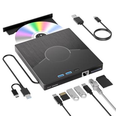 Imagem de Unidade de CD externa 7 em 1 para laptop, USB 3.0 e unidade externa tipo C CD Rom para laptop com interface Ethernet, 3 USB e cartão SD/TF, unidade de DVD USB leitor de CD externo para desktop/Windows