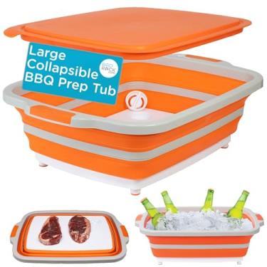 Imagem de BIRDROCK HOME Banheira grande dobrável de preparação para churrasco com tábua de corte, suporte multifuncional com escorredor e tampa, tigela de silicone portátil para piquenique, porta traseira,