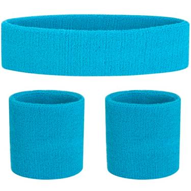 Imagem de FACATH Conjunto de faixas de transpiração esportivas, faixa de suor de algodão para homens e mulheres atléticos, faixas esportivas para malhar, correr, basquete, tênis, ioga (azul claro)