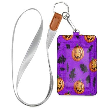 Imagem de Wassud Porta-crachá de couro PU Scary Halloween Pumpkins com cordão, porta-cartão de identificação para trabalho, cordão de pescoço com compartimentos para cartões de crédito, funcionários, estudantes