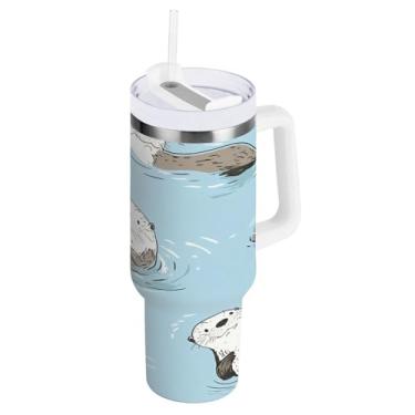 Imagem de Qilmy Copo Suise fofo de 1,134 g com tampa e canudo, copo térmico de aço inoxidável durável à prova de vazamento com alça, garrafas de água à prova de derramamento para Travel536