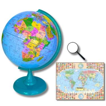 Imagem de GLOBO TERRESTRE POLÍTICO BILÍNGUE 30CM BASE E RÉGUA VERDE + MAPA MUNDI + LUPA