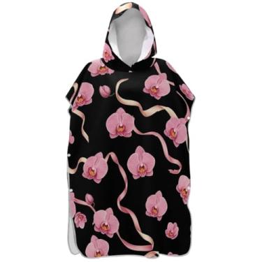 Imagem de Joisal Poncho de surfe trocador de roupão adulto praia banho com capuz toalhas vestíveis orquídea flor preto adulto ponchos para mulheres
