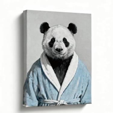 Imagem de Arte de parede de banheiro de fazenda, 20 x 25 cm, impressão em tela de panda em roupão, decoração animal preto e branco para banheiro, banheiro, lavanderia, pronto para pendurar