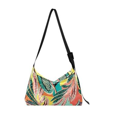 Imagem de Cute Sloth Kawaii Bolsa Hobo de Couro Animal para Mulheres Grande Masculina Bolsa de Couro Estampa de Folha Moderna Bolsa Designer de Ombro, Folha tropical multicolorida vívida