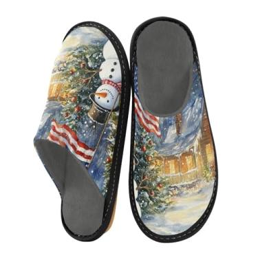 Imagem de Chinelos femininos antiderrapantes de Natal com boneco de neve azul antiderrapante para casa, Cabana de boneco de neve com bandeira americana, 10.5-11 US Women/10.5-11 US Men